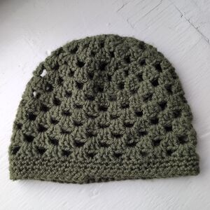 Olive green crochet or open knit Juliet cap beanie
